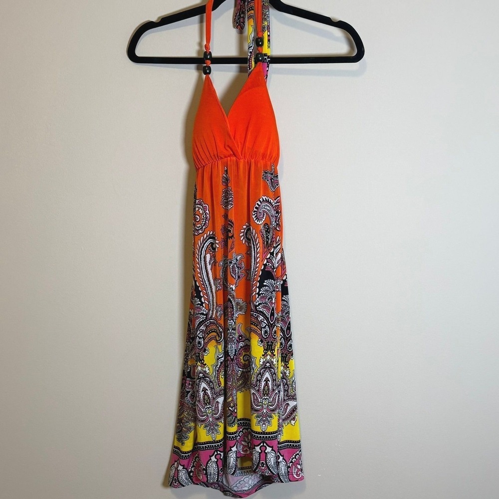 Cristinalove Orange Paisley Halter Mini/Midi Dress Boho Resort Vacation Y2K S